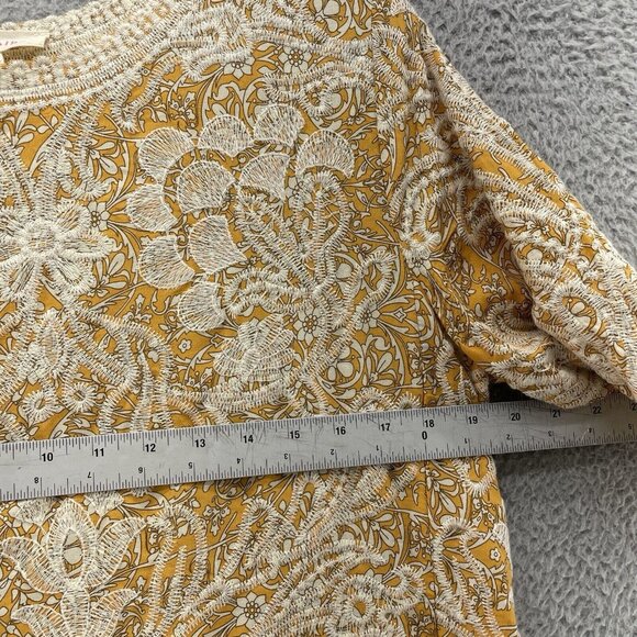 Solitaire BOHO Embroidered Top Womens Large Yellow Scalloped Hem Floral - Picture 9 of 10